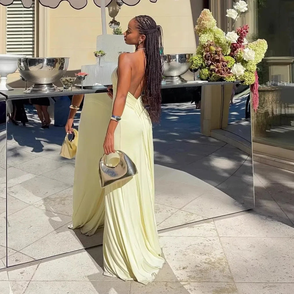 Vestido Comprido Amarelo com Folhos