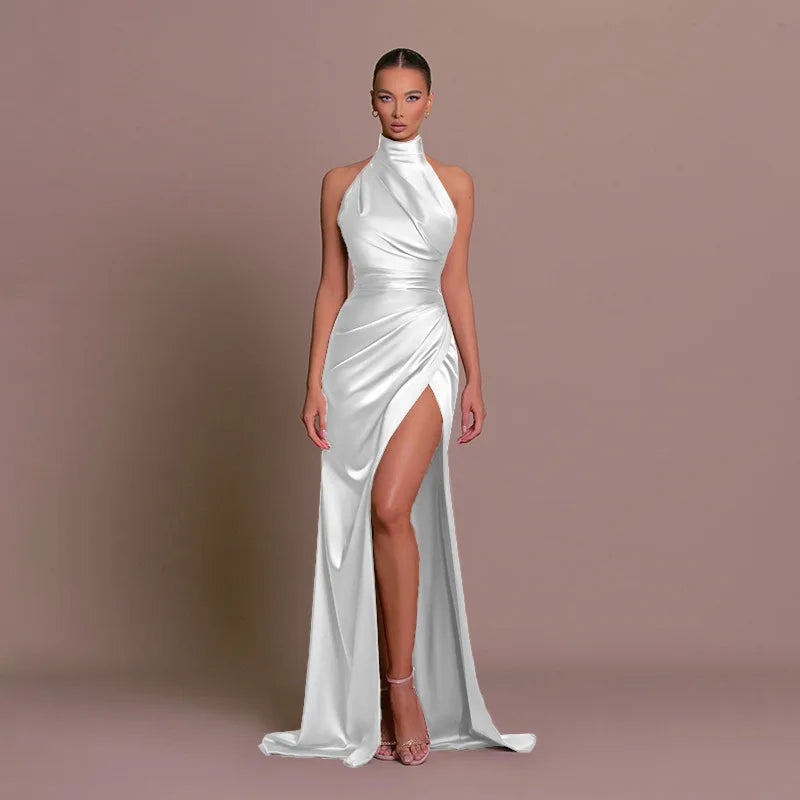 Vestido Comprido Acetinado de Gola Alta