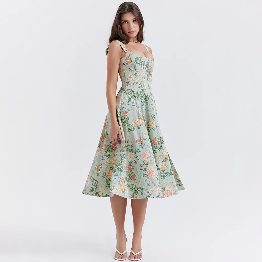 Vestido Midi Floral com Corpete e Bolsos