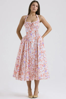 Vestido Midi Floral com Decote Halter