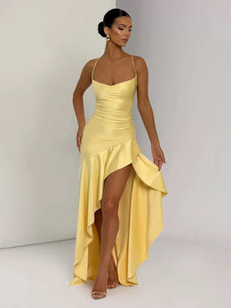 Vestido Comprido Acetinado com Folhos