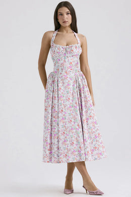 Vestido Midi Floral com Decote Halter