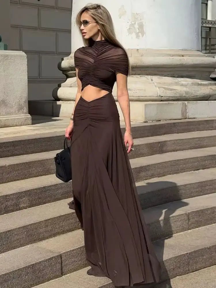 Vestido Comprido Franzido em Tule
