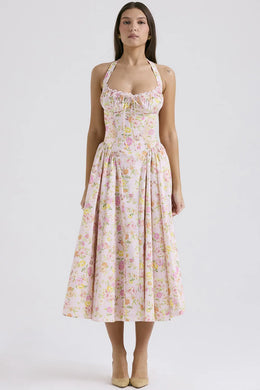 Vestido Midi Floral com Decote Halter