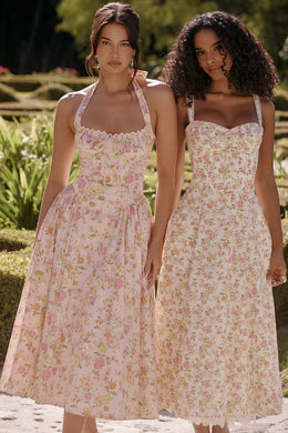 Vestido Midi Floral com Decote Halter