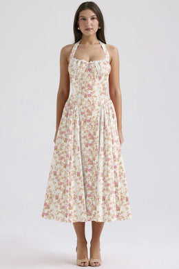 Vestido Midi Floral com Decote Halter