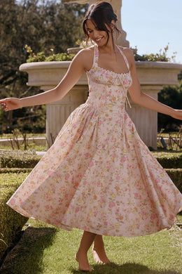 Vestido Midi Floral com Decote Halter
