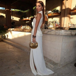 Vestido Comprido de Gola Alta com Fenda
