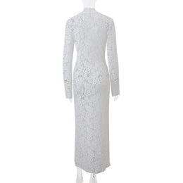 Vestido Comprido de Renda com Decote em V