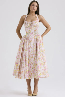 Vestido Midi Floral com Decote Halter