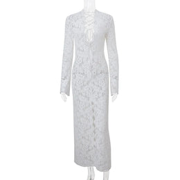 Vestido Comprido de Renda com Decote em V
