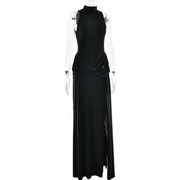 Vestido Comprido de Gola Alta com Fenda