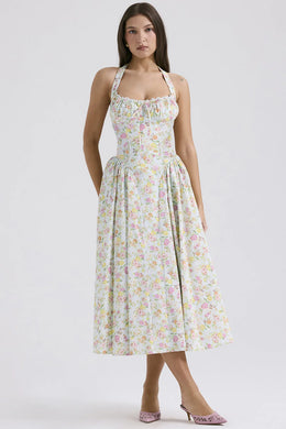 Vestido Midi Floral com Decote Halter