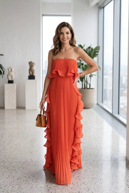 Vestido Comprido sem Alças com Folhos