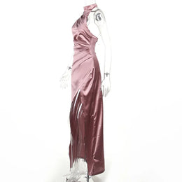 Vestido Comprido Acetinado de Gola Alta