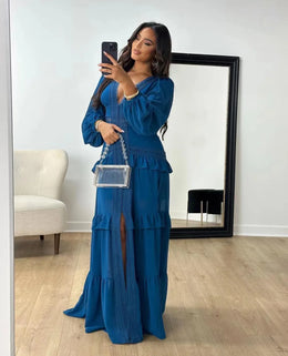 Vestido Comprido com Folhos e Manga Comprida