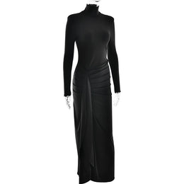 Vestido Comprido de Malha com Gola Alta e Ombreiras