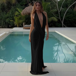 Vestido Comprido com Decote em V e Franzidos