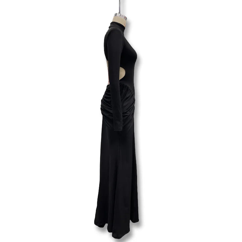 Vestido Comprido de Malha com Gola Alta e Costas Descobertas