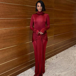 Vestido Comprido de Gola Alta com Atacadores