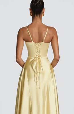 Vestido Comprido de Cetim com Corpete e Costas Descobertas