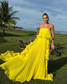 Vestido Comprido sem Alças com Folhos