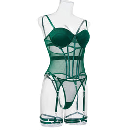 Conjunto de Lingerie em Tule com Body e Ligas — 3 Peças