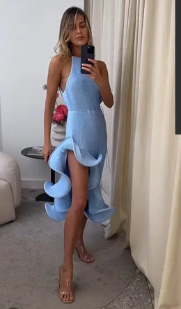 Vestido Midi Plissado com Decote Halter