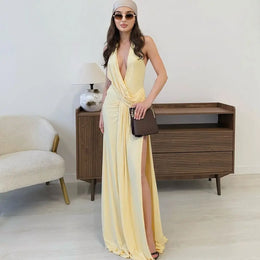 Vestido Comprido com Decote em V e Franzidos