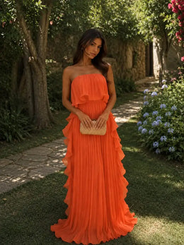 Vestido Comprido sem Alças com Folhos