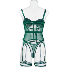 Conjunto de Lingerie em Tule com Body e Ligas — 3 Peças