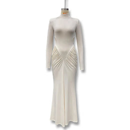Vestido Comprido de Malha com Gola Alta e Costas Descobertas