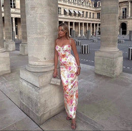 Vestido Comprido Floral com Renda e Fenda