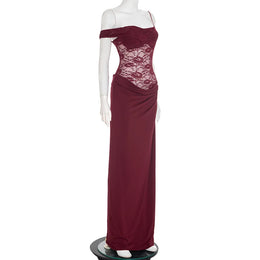 Vestido Comprido de Um Ombro com Renda