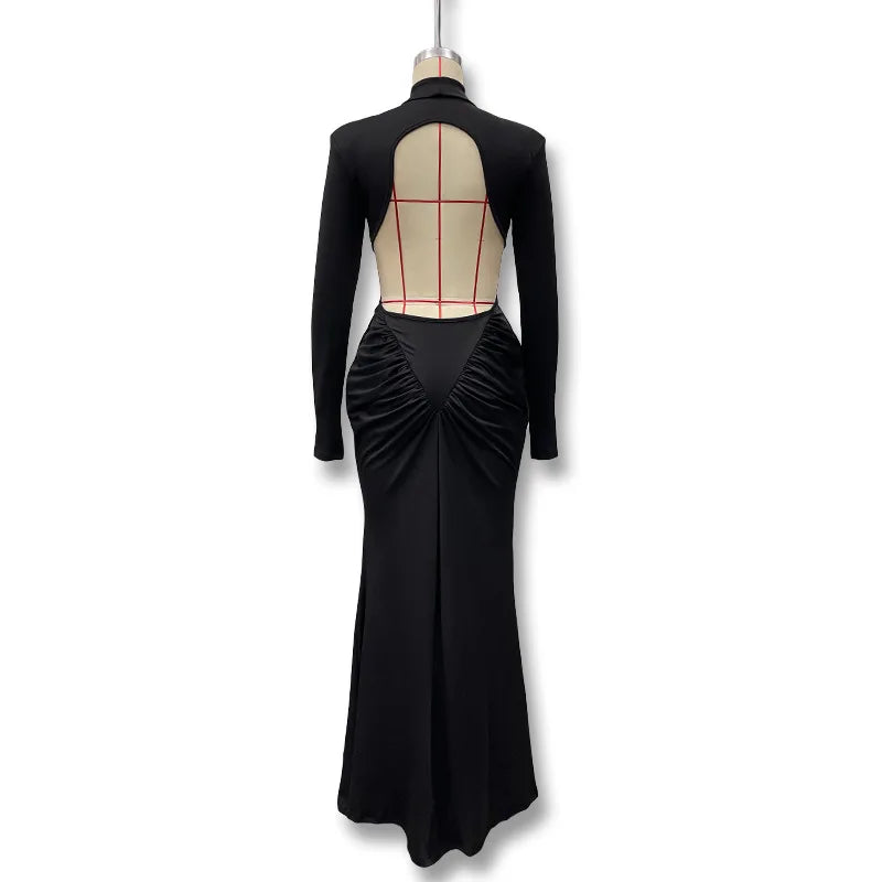 Vestido Comprido de Malha com Gola Alta e Costas Descobertas