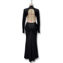 Vestido Comprido de Malha com Gola Alta e Costas Descobertas