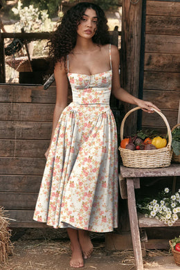 Vestido Midi Floral com Corpete — Rosa