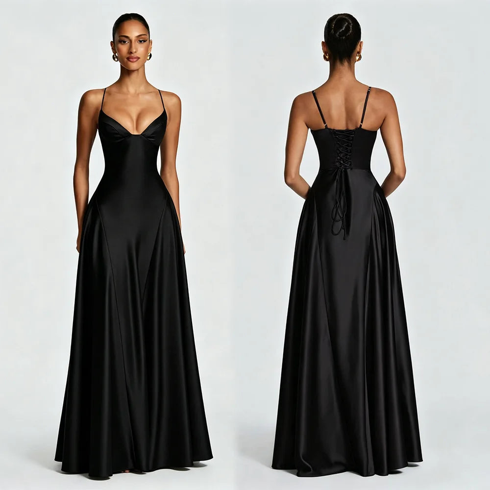 Vestido Comprido de Cetim com Corpete e Costas Descobertas