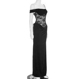 Vestido Comprido de Um Ombro com Renda
