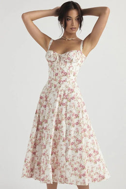 Vestido Midi Floral com Corpete — Azul e Rosa Floral
