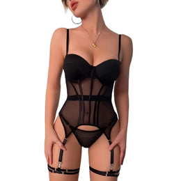 Conjunto de Lingerie em Tule com Body e Ligas 3 Peças — Tolobasao