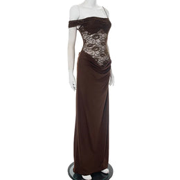 Vestido Comprido de Um Ombro com Renda