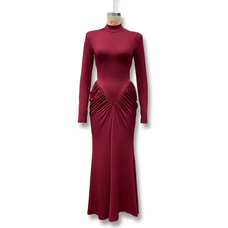 Vestido Comprido de Malha com Gola Alta e Costas Descobertas