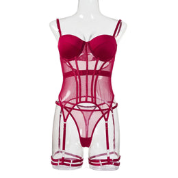 Conjunto de Lingerie em Tule com Body e Ligas — 3 Peças