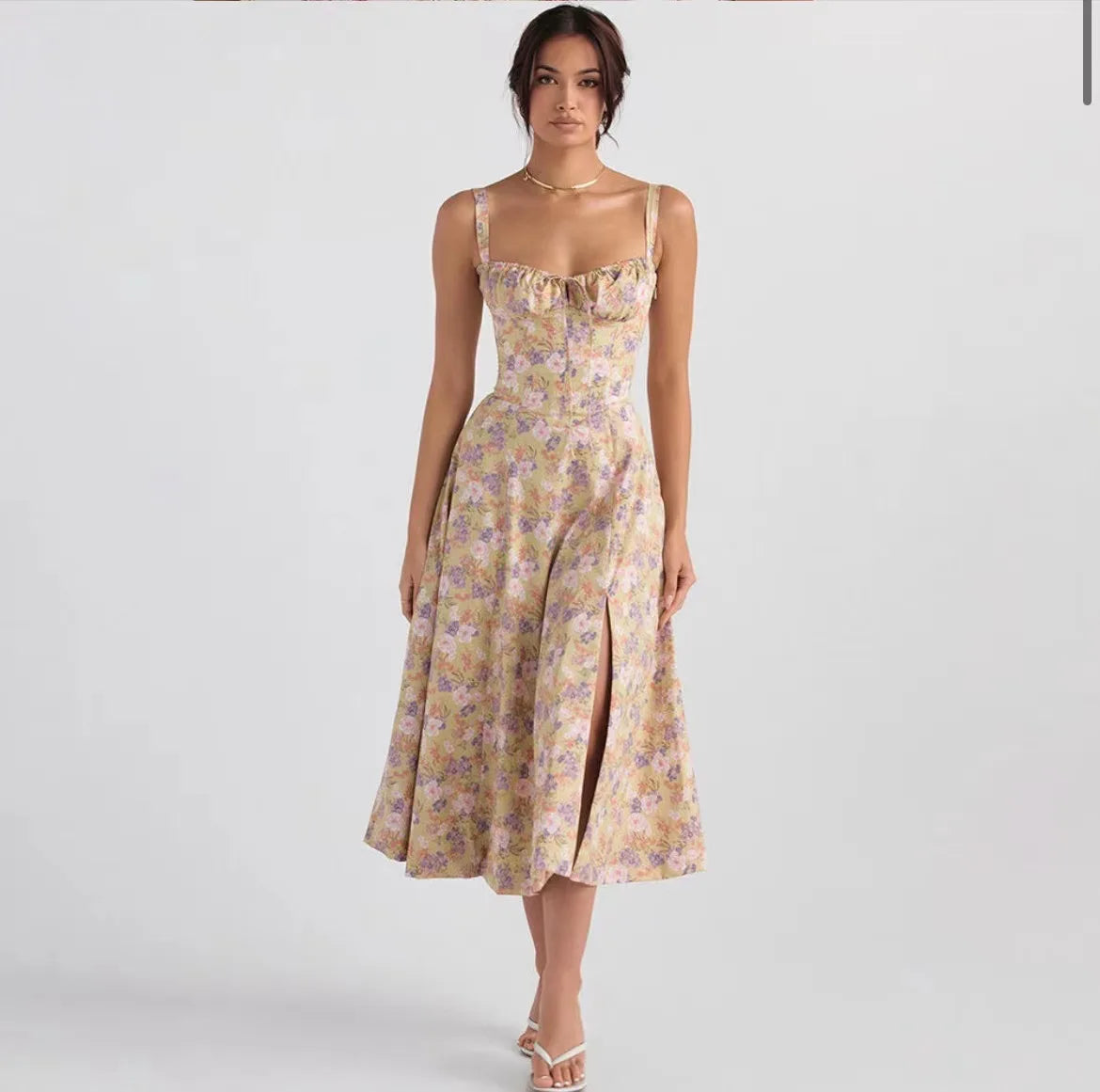 Vestido Midi Floral com Corpete — Azul e Rosa Floral