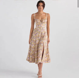 Vestido Midi Floral com Corpete — Azul e Rosa Floral