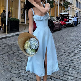 Vestido Midi Floral com Corpete — Azul e Rosa Floral