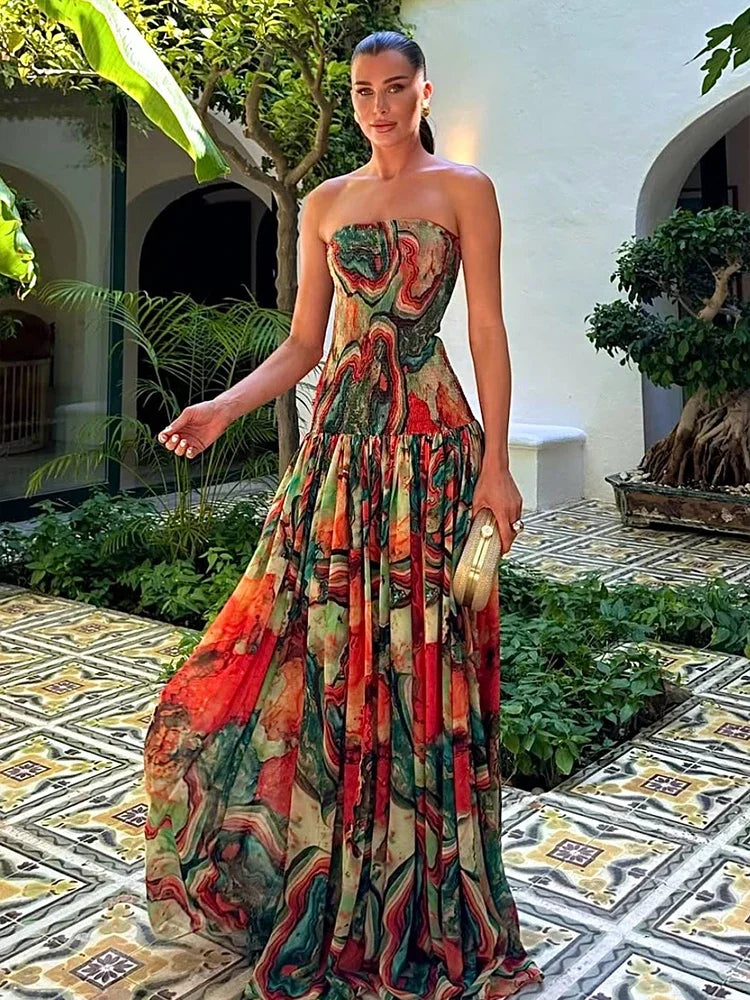 Vestido Comprido Plissado sem Alças