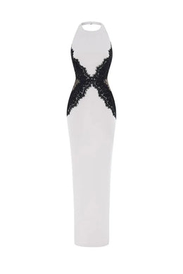 Vestido Longo Branco com Decote Halter e Renda