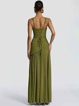 Vestido Comprido com Corpete, Laço e Fenda